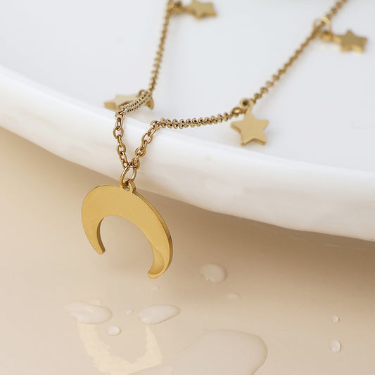 Gold Plated Stainless Steel Crescent Moon & Stars Necklace