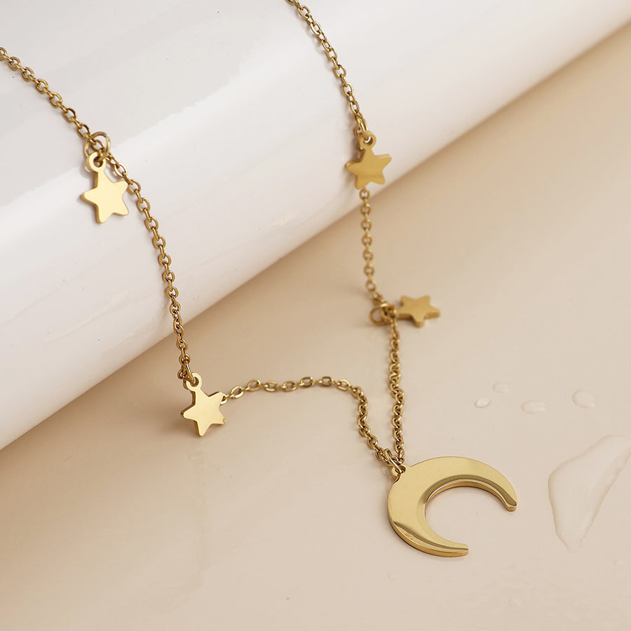 Gold Plated Stainless Steel Crescent Moon & Stars Necklace