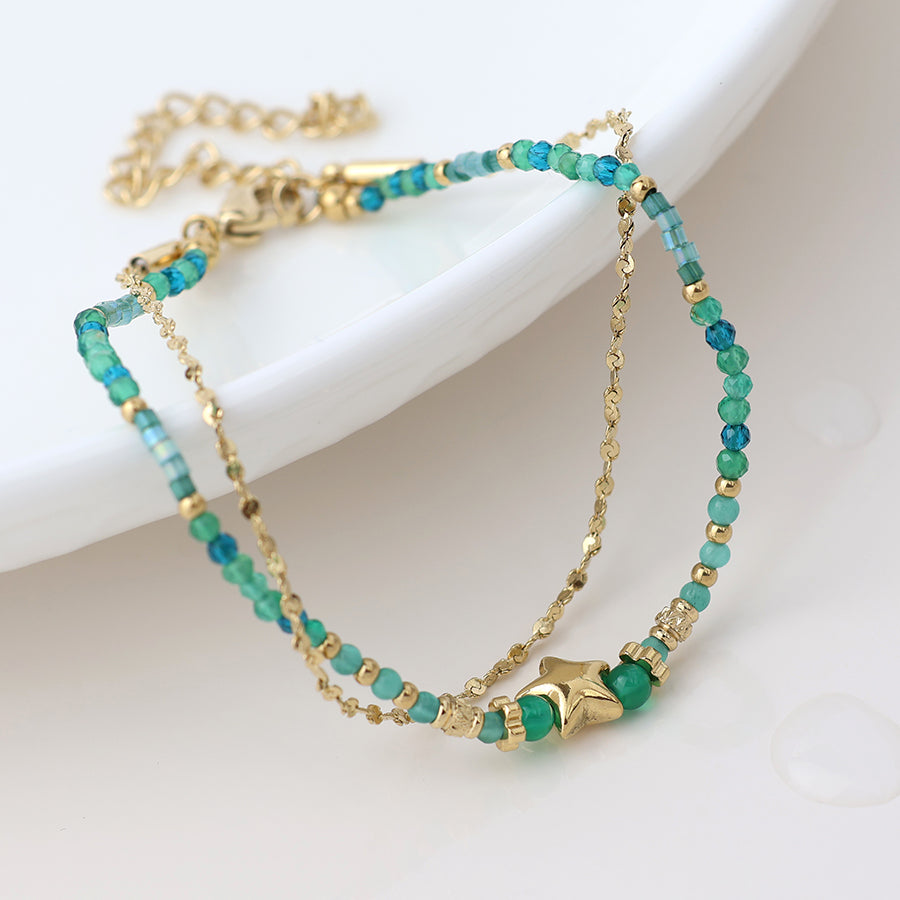 Gold Plated Green Mix Beaded Star Bracelet