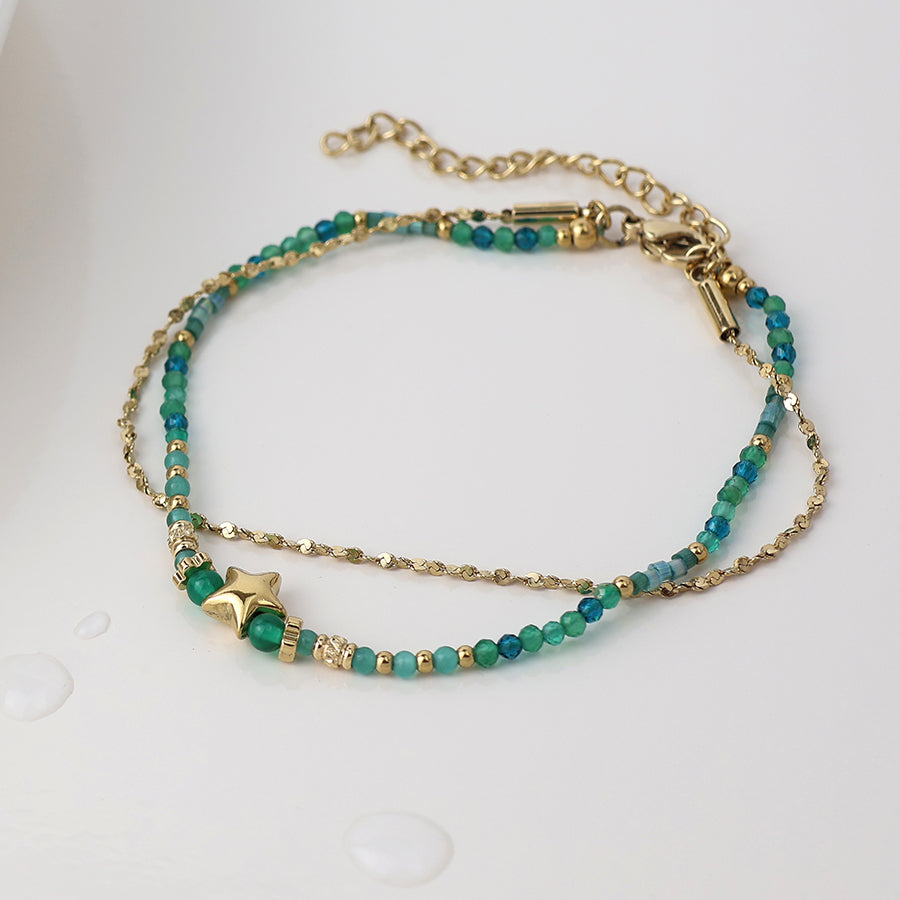 Gold Plated Green Mix Beaded Star Bracelet