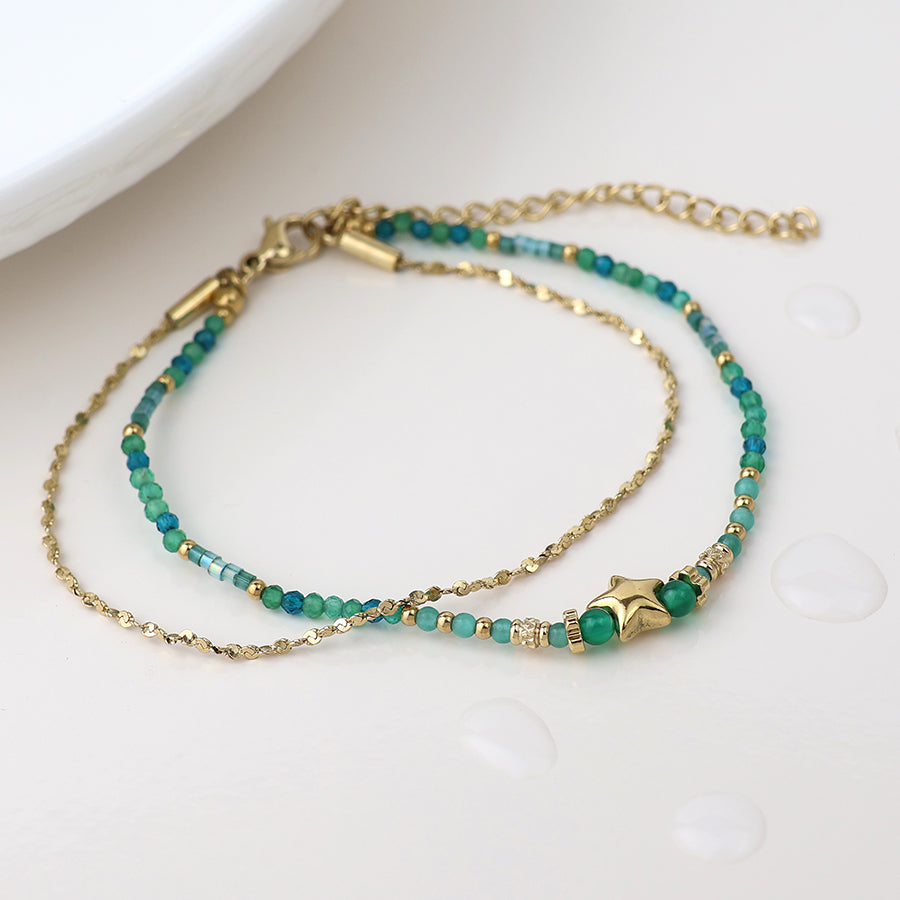 Gold Plated Green Mix Beaded Star Bracelet
