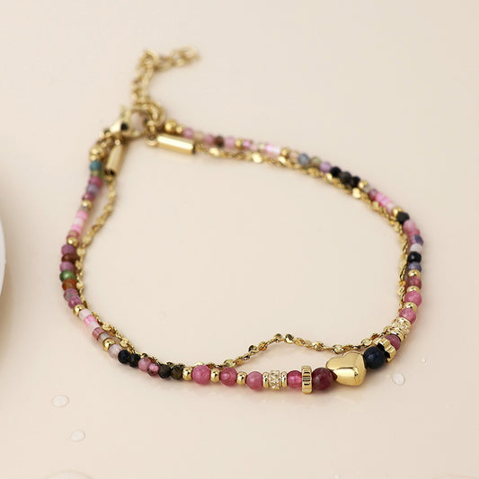 Gold Plated Stainless Steel Pink Mix Beaded Bracelet