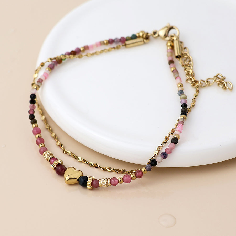 Gold Plated Stainless Steel Pink Mix Beaded Bracelet