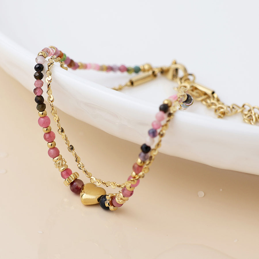 Gold Plated Stainless Steel Pink Mix Beaded Bracelet
