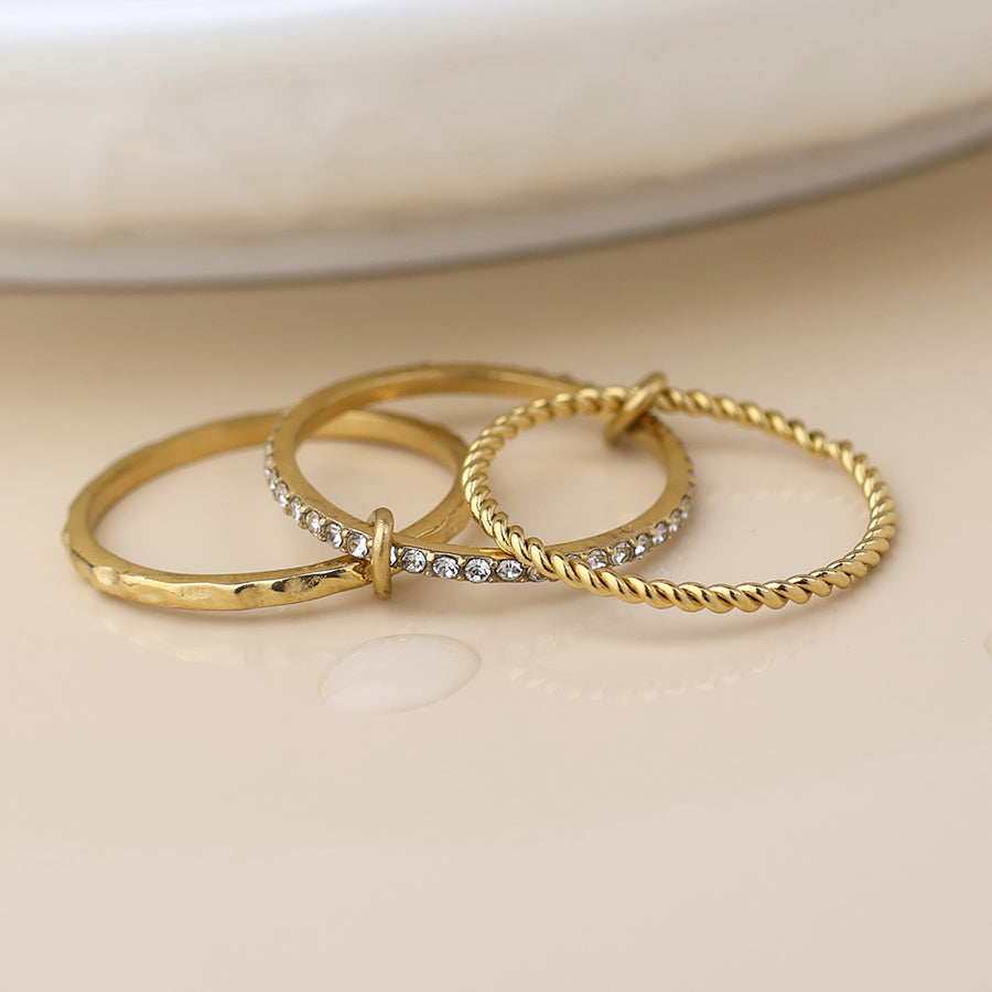 Gold Plated Stainless Triple Ring Stack With Inset Crystals