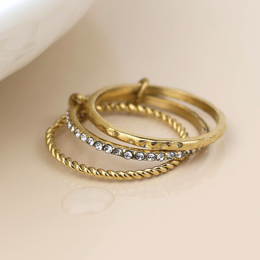 Gold Plated Stainless Triple Ring Stack With Inset Crystals (L)