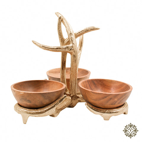 Set of 3 Bowls with Antler Stand | Gold