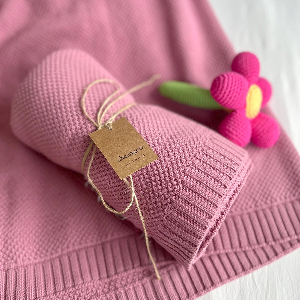 Organic Knit Baby Blanket | Raspberry | Moss Stitch