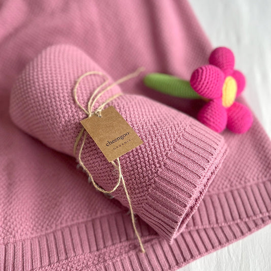 Organic Knit Baby Blanket | Raspberry | Moss Stitch