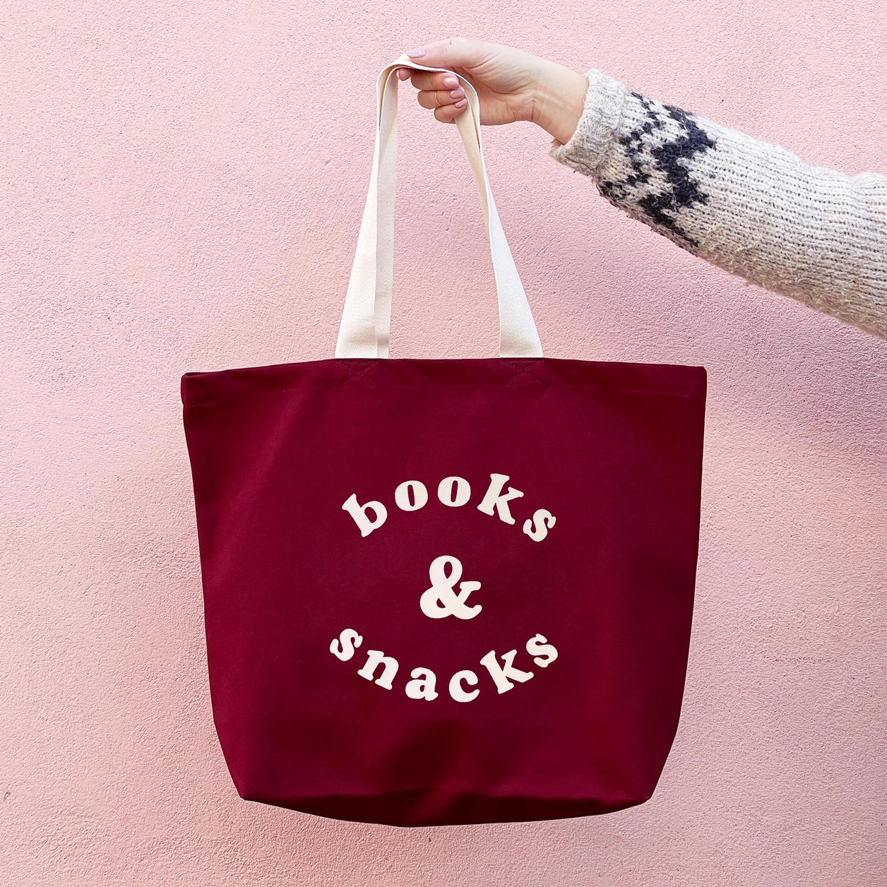 Books & Snacks|Canvas Tote Bag|Burgundy