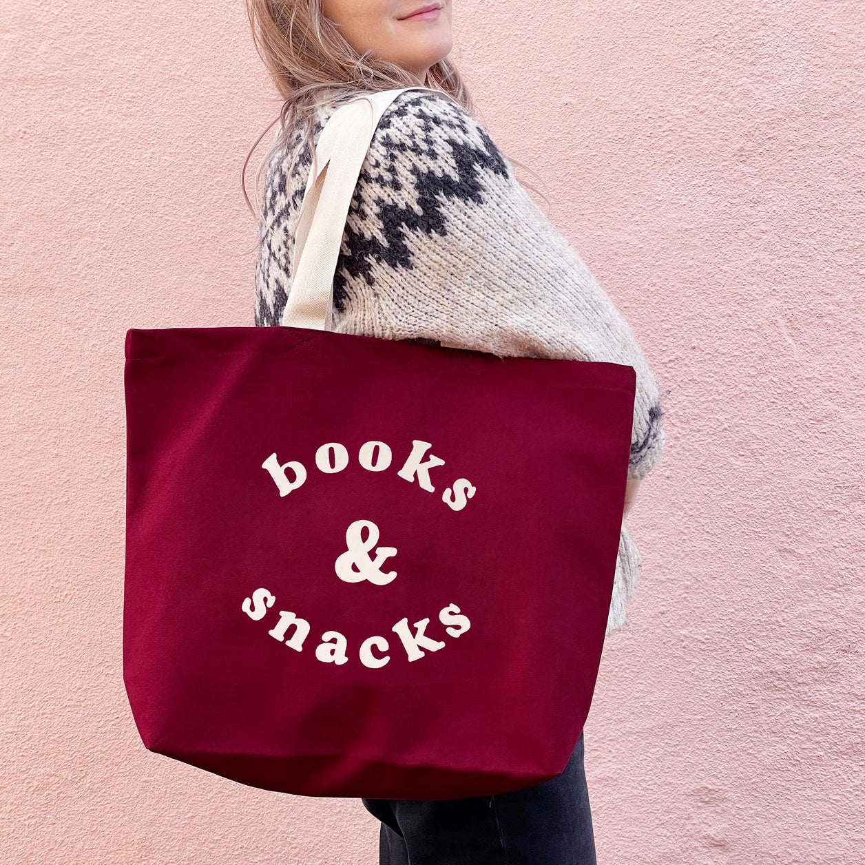 Books & Snacks|Canvas Tote Bag|Burgundy