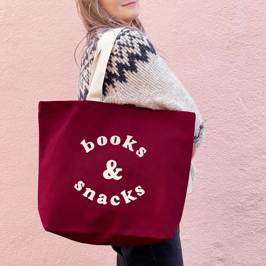Books & Snacks|Canvas Tote Bag|Burgundy
