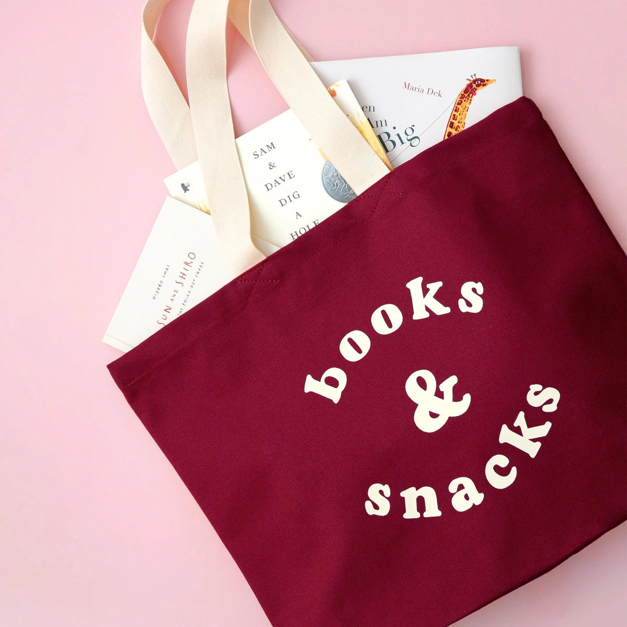 Books & Snacks|Canvas Tote Bag|Burgundy