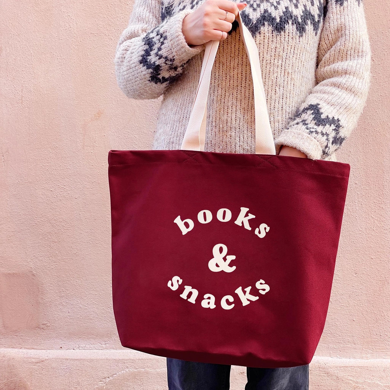 Books & Snacks|Canvas Tote Bag|Burgundy