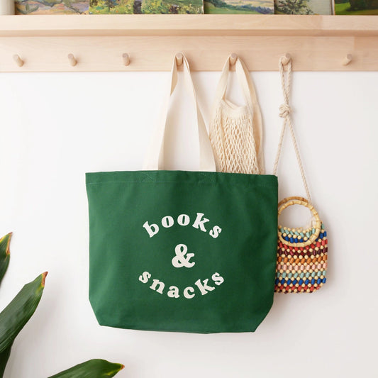 Books & Snacks | Canvas Tote Bag | Forest Green