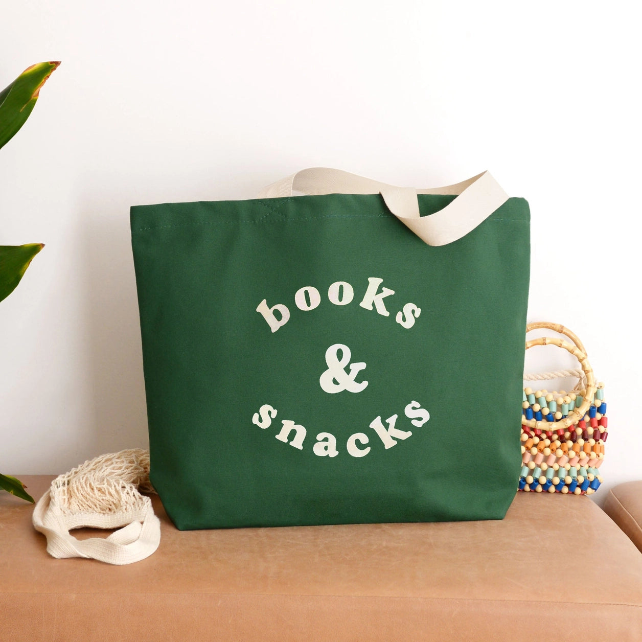 Books & Snacks | Canvas Tote Bag | Forest Green