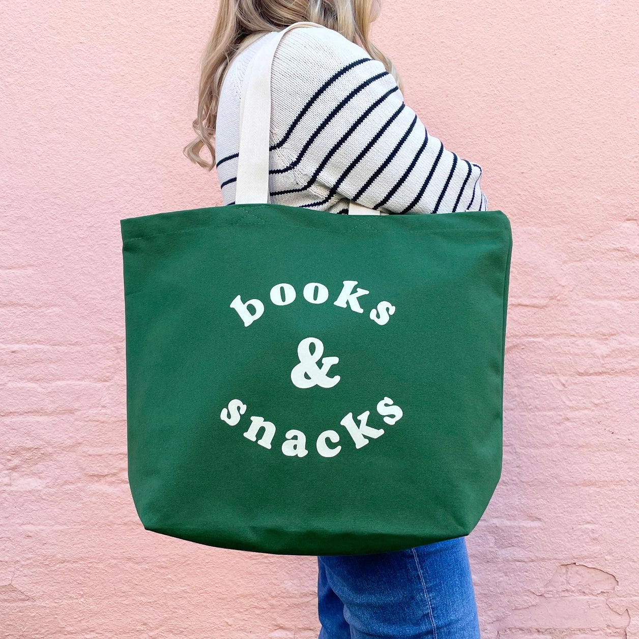 Books & Snacks | Canvas Tote Bag | Forest Green