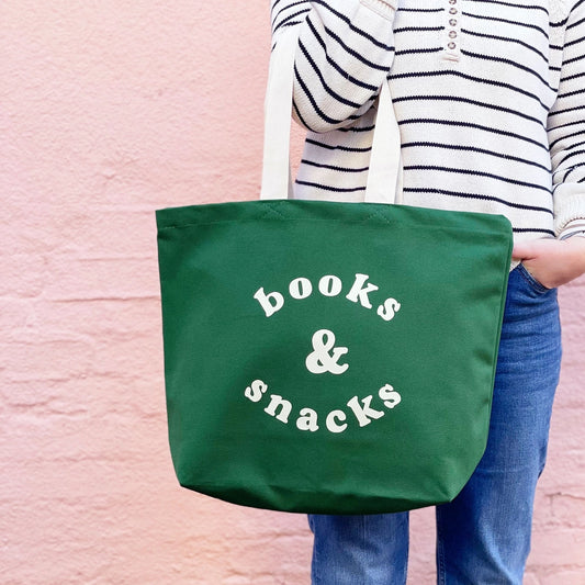 Books & Snacks | Canvas Tote Bag | Forest Green