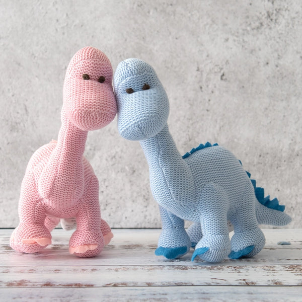 Knitted Organic Cotton  Diplodocus Dinosaur Baby Rattle | Blue