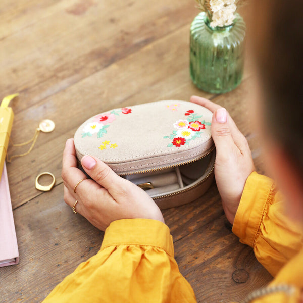 Embroidered Flowers Oval Jewellery Box