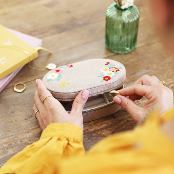 Embroidered Flowers Oval Jewellery Box