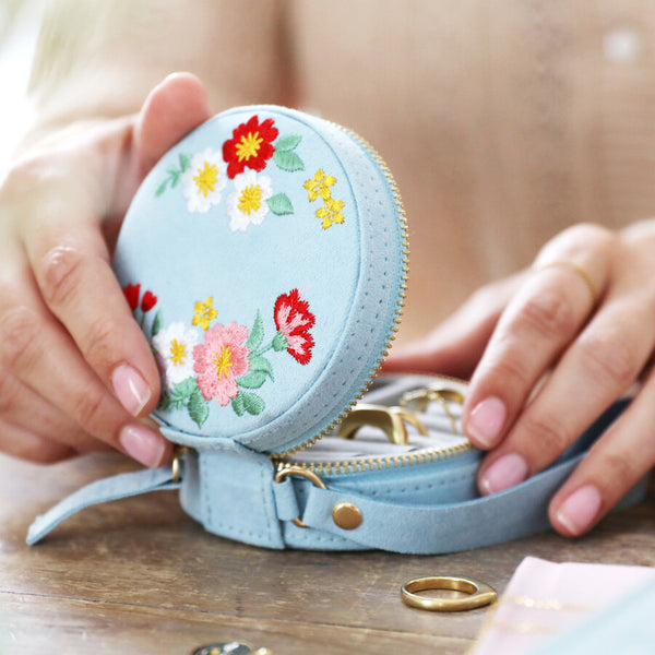 Embroidered Flowers Mini Round Jewellery Case