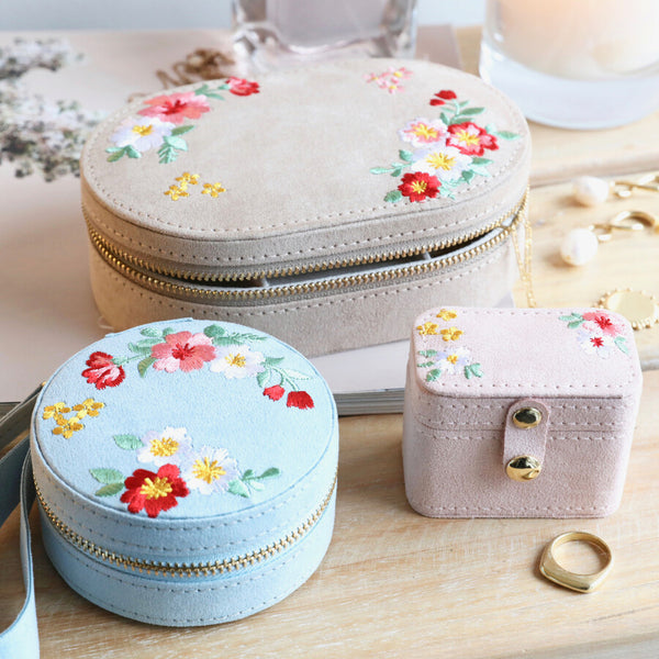 Embroidered Flowers Oval Jewellery Box