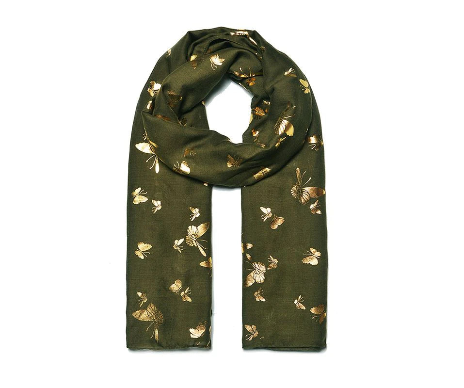Olive Gold Butterfly Foil Print Scarf