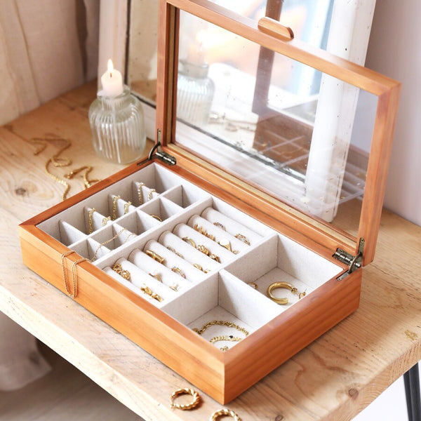 Large Glass Top Wooden Jewellery Box