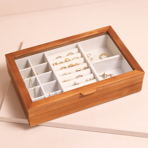 Large Glass Top Wooden Jewellery Box