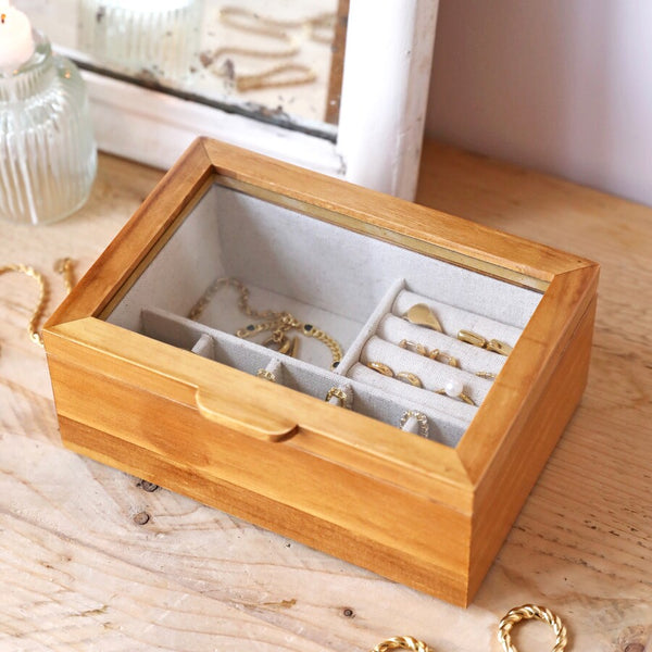 Glass Top Wooden Jewellery Box | Medium