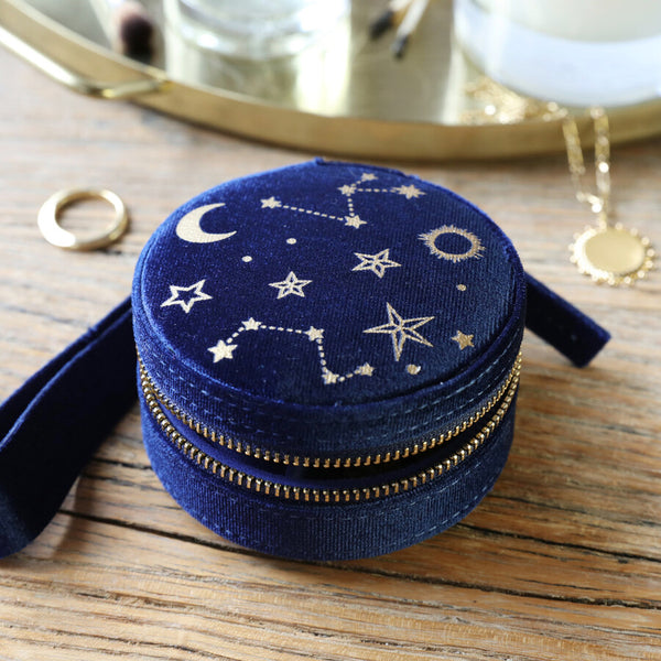 Starry Night Velvet Mini Round Jewellery Case | Navy
