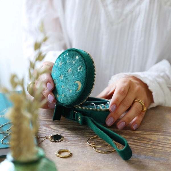 Starry Night Velvet Mini Round Jewellery Case | Green