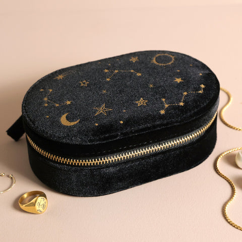 Starry Night Velvet Oval Jewellery Case | Black