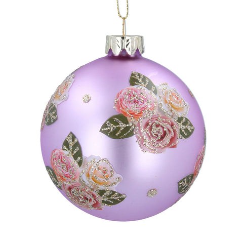 Gisela Graham Lilac Glass Ball w Pink Glitter Roses
