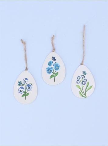 Blue Violas White Wood Cut Out Egg Decoration