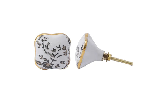 White & Grey Floral Ceramic Drawer Pull