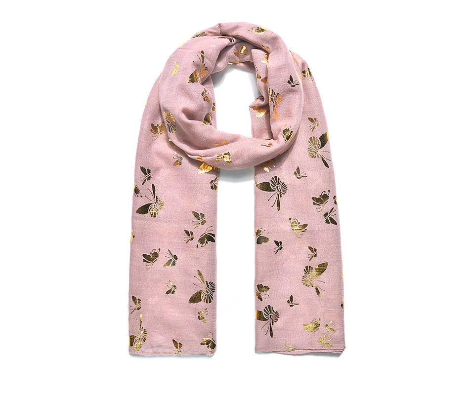 Pink Gold Butterfly Foil Print Scarf